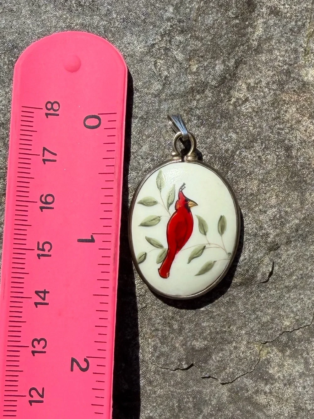 Vintage Sterling Ceramic Red Cardinal Oval Pendant Charm